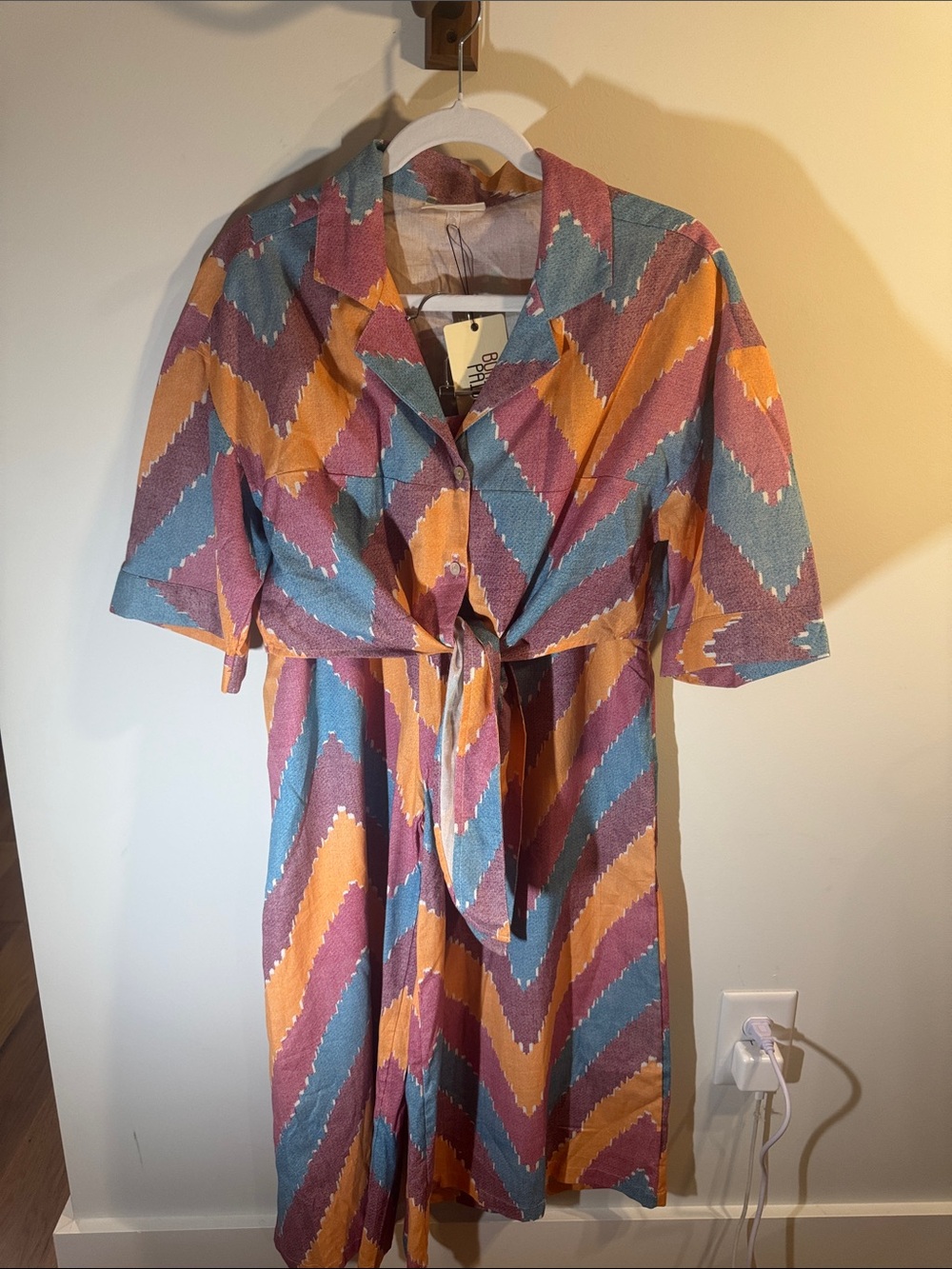 Chevron Tie-Waist Midi Top with Pants in Blue, Mustard & Mauve